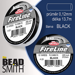 FIRELINE Berkley profesionální splétaná šnůra z polyethylenových vláken. Průměr 0,12mm, zátěž (4lb) 1,8Kg, balení (15yards) 13,7m, barva BLACK