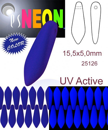 Korálky JAZÝČKY NEON (UV Active) velikost 15x5mm barva 25126 MODRÁ TMAVÁ. Balení 15Ks. NEW COLOR.
