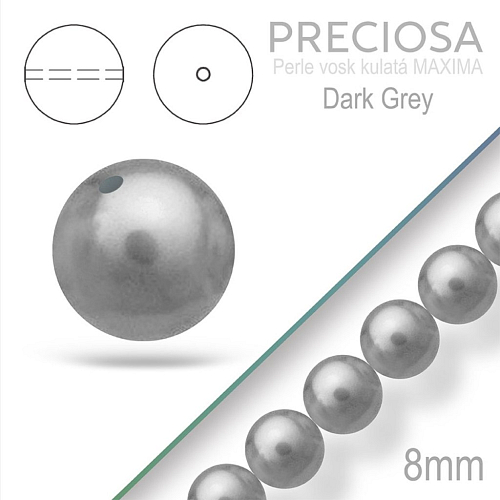 PRECIOSA Voskované Perle barva DARK GREY 98701 velikost 8mm. Balení návlek 15Ks. 
