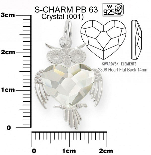 Přívěsek tvar SOVA+Swarovski 2808 14mm Crystal ozn.PB 63. Materiál Ag925. Váha Ag 1,30g