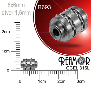 Korálek tvarovaný Váleček s řetízkem Reamor CHIRURGICKÁ OCEL ozn.-R693. Velikost 8x5,5mm otvor 1,6mm. Barva Old Steel (staro/ocel).