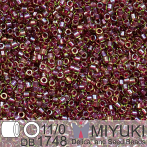 Korálky Miyuki Delica 11/0. Barva Cranberry Lined Chartreuse AB DB1748. Balení 5g