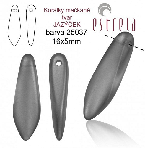 Korálky mačkané tvar JAZÝČEK. Velikost 16x5mm. Barva voskovaná ŠEDÁ tmavá 25037. Balení 20Ks.