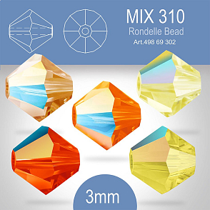 PRECIOSA Bicone (sluníčko) velikost 3mm. Barva MIX 310 Jonquil AB, Citrinë AB, Topaz AB, Sun AB, Hyacinth AB. Balení 40ks (5X8ks)