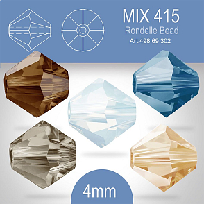 PRECIOSA Bicone (sluníčko) velikost 4mm. Barva MIX 415 White Opal, Light Colorado Topaz, Smoked Topaz, Montana, Black Diamond. Balení 30ks (5X6ks)