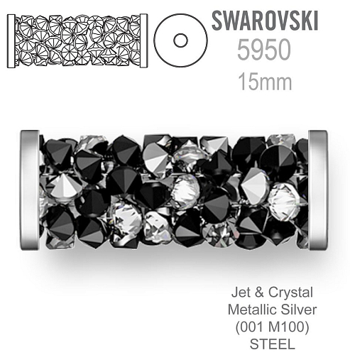 Swarovski 5950 Fine Rocks Tube barva Jet & Crystal Metallic Silver (001 M100) STEEL velikost 6x15mm