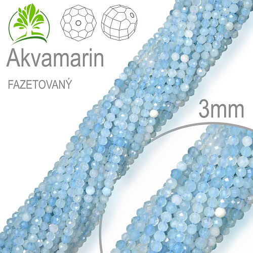 Korálky z minerálů Akvamarin Fazetovaný polodrahokam. Velikost pr.3mm. Balení 130Ks. 