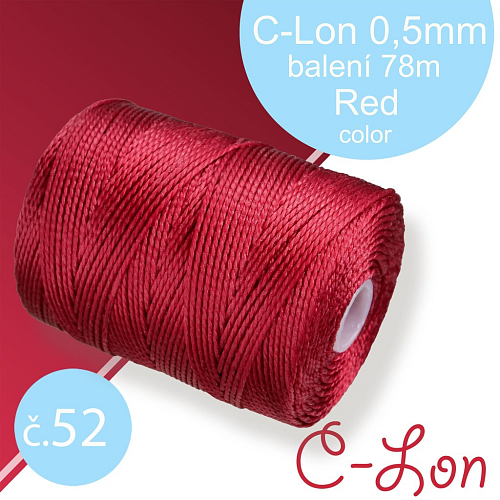 Nylonová nit C-Lon pevná korálková nit. Barva 52 Red. Síla nitě 0,5mm. Balení 78m na cívce.
