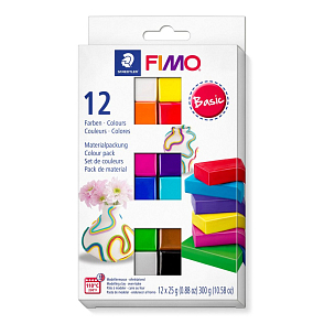 FIMO soft Basic v balení 12 barevných bloků FIMO po 25g.