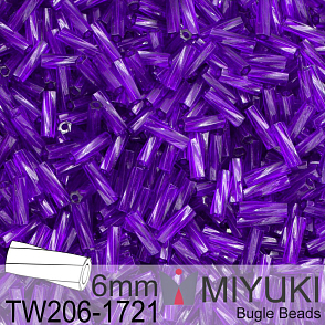Korálky Miyuki Bugle Bead 6mm. Barva TW206-1721 Dyed Transparent Dark Purple. Balení 10g.