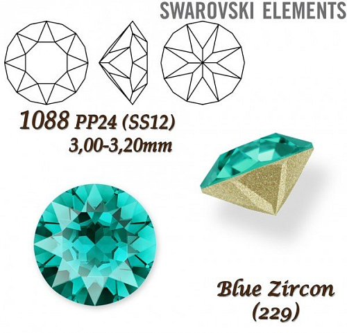 SWAROVSKI ELEMENTS 1088 XIRIUS Chaton PP24 (SS12)  3,00-3,20mm barva BLUE ZIRCON (229).