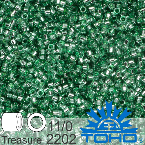 Korálky TOHO tvar TREASURE (válcové). Velikost 11/0. Barva č.2202 Transparent Silver-Lined Jade. Balení 5g.