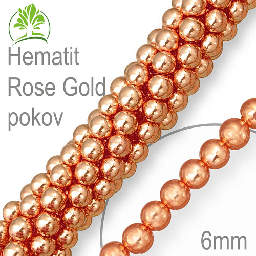 Korálky z minerálů Hematit Rose Gold pokovený. Velikost pr.6mm. Balení 12Ks.