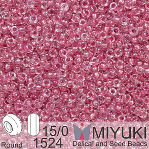 Korálky Miyuki Round 15/0. Barva 1524 Spkl Peony Pink Lined Crystal. Balení 5g
