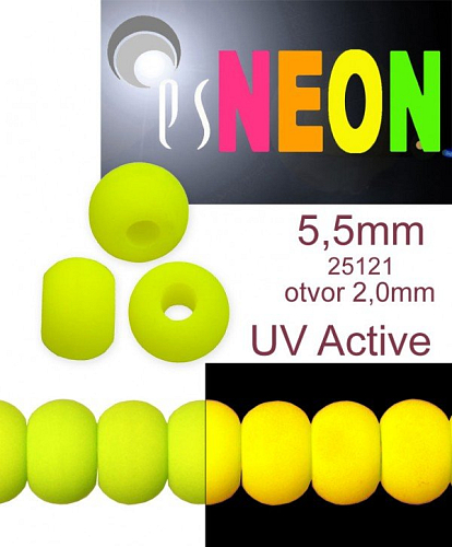 Korálky NEON (UV Active) BAVORÁK velikost pr.5,5mm tl.4,0mm barva 25121 ŽLUTÁ. Balení 21Ks. 