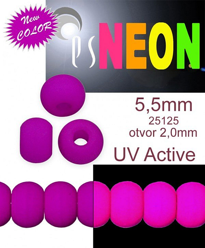 Korálky NEON (UV Active) BAVORÁK velikost pr.5,5mm tl.4,0mm barva 25125 FIALOVÁ. Balení 21Ks. 