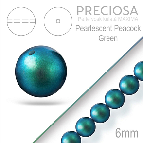 Preciosa Perle voskovaná kulatá MAXIMA barva Pearlescent Peacock Green velikost 6mm. Balení návlek 21Ks.
