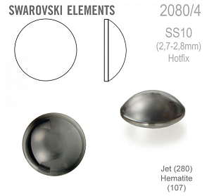 Swarovski 2080/4 Cabochon Round velikost SS10 barva Jet Hematite Hotfix