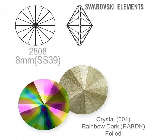Swarovski RIVOLI 1122 barva Crystal (001) Rainbow Dark (RABDK) velikost 8mm