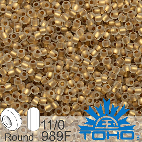 Korálky TOHO tvar ROUND (kulaté). Velikost 11/0. Barva č. 989F Gold-Lined Frosted Crystal. Balení 8g.