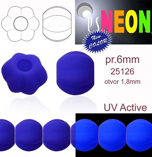 Korálky NEON (UV Active) MELOUN velikost pr.6mm barva 25126 MODRÁ TMAVÁ. Balení 21Ks. 