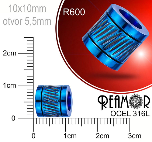 Korálek tvarovaný Reamor CHIRURGICKÁ OCEL ozn.-R600. Velikost 10x10mm otvor 5,5mm.