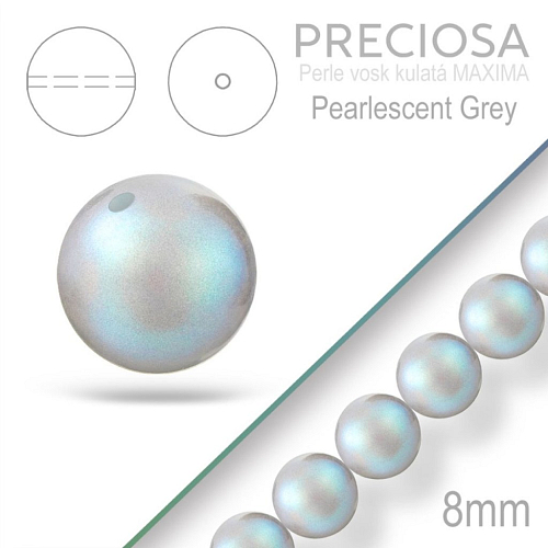 Preciosa Perle voskovaná kulatá MAXIMA Pearlescent Grey velikost 8mm. Balení návlek 15Ks.