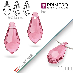 Přívěsky PRIMERO Crystals . Tvar 6000 Teardrop. Barva Rose. Velikost 11mm