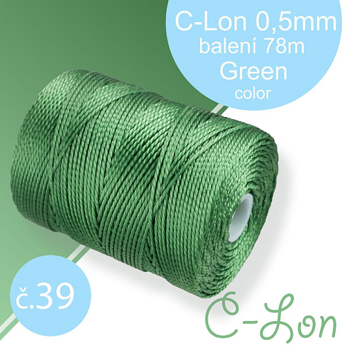Nylonová nit C-Lon pevná korálková nit. Barva 39 Green. Síla nitě 0,5mm. Balení 78m na cívce.