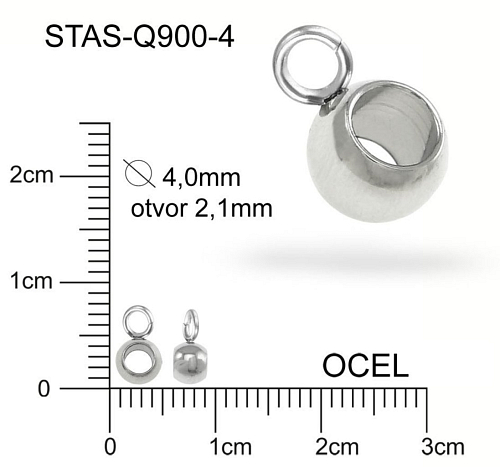 Korálek s OČKEM  CHIRURGICKÁ OCEL ozn.-STAS-Q900-4. velikost pr.4,0mm (korálek) otvor v korálku 2,1mm.
