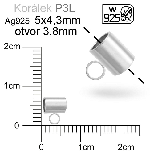 Trubička s očkem ozn. P3L.Velikost pr.4,3mm otvor 3,8mm. Materiál STŘÍBRO Ag925.váha 0,24g.