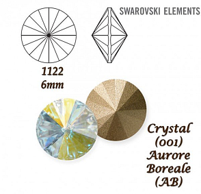 SWAROVSKI ELEMENTS RIVOLI 1122 SS29 barva CRYSTAL (001) AURORE BOREALE (AB) velikost 6mm.
