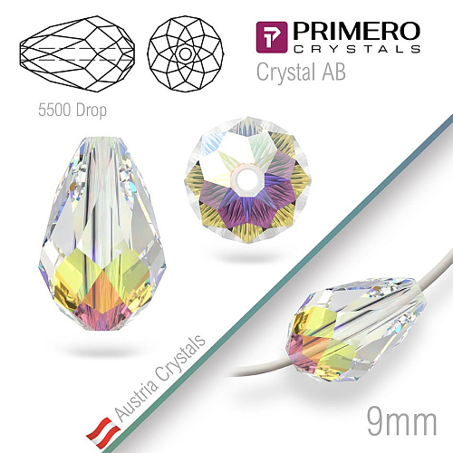 Korálky PRIMERO Crystals . Tvar 5500 Drop. Barva Crystal AB. Velikost 9mm