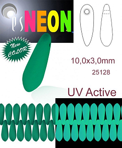 Korálky JAZÝČKY NEON (UV Active) velikost 10x3mm barva 25128 ZELENÁ SMARAGDOVÁ. Balení 25Ks. NEW COLOR. 