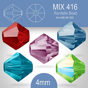 PRECIOSA Bicone (sluníčko) velikost 4mm. Barva MIX 416 Siam, Sapphire AB, Peridot AB, Amethyst AB, Blue Zircon. Balení 30ks (5X6ks)