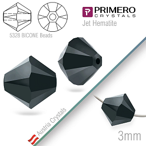Korálky PRIMERO Crystals . Tvar 5328 Bicone BEADS. Barva Jet Hematite. Velikost 3mm balení-25Ks.