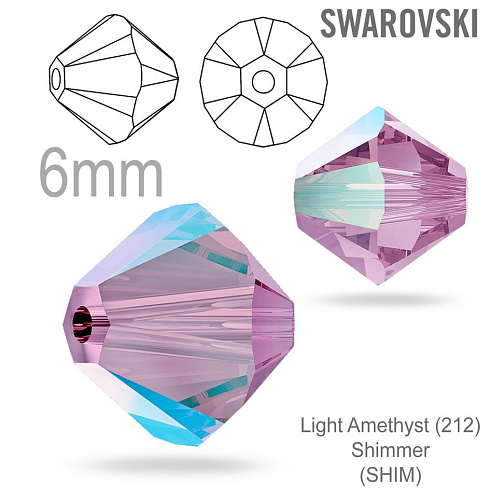 Swarovski 5328 XILION Bead barva Light Amethyst (212) Shimmer (SHIM) velikost 6mm. Balení 10Ks