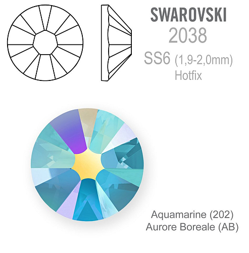 SWAROVSKI XILION rose HOTFIX 2038 velikost SS6 barva Aquamarine Aurore Boreale 