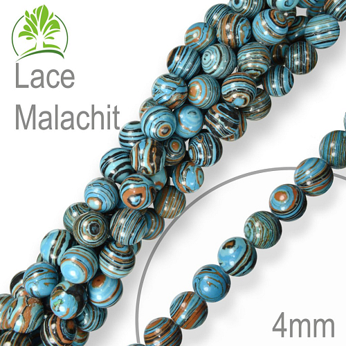 Korálky z minerálů Lace Malachit (dobarvovaný na barvu Tyrkys) přírodní polodrahokam. Velikost pr.4mm. Balení 18Ks.