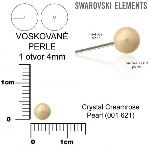SWAROVSKI 5818 Voskované Perle 1otvor barva CRYSTAL CREAMROSE  PEARL velikost 4mm.