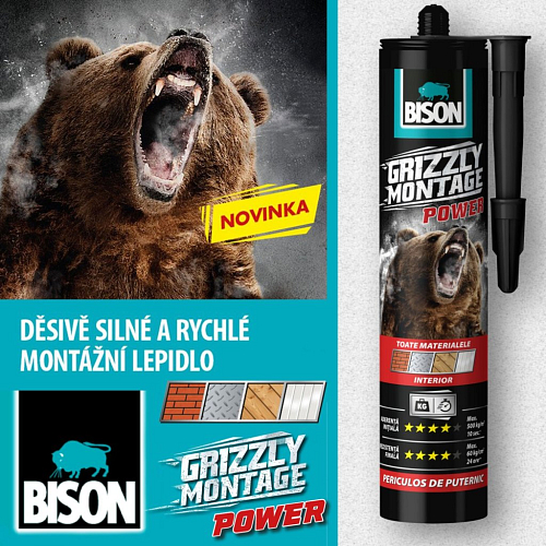Lepidlo BISON GRIZZLY MONTAGE POWER. Vysoká počáteční přilnavost a konečná pevnost. Balení 370g.