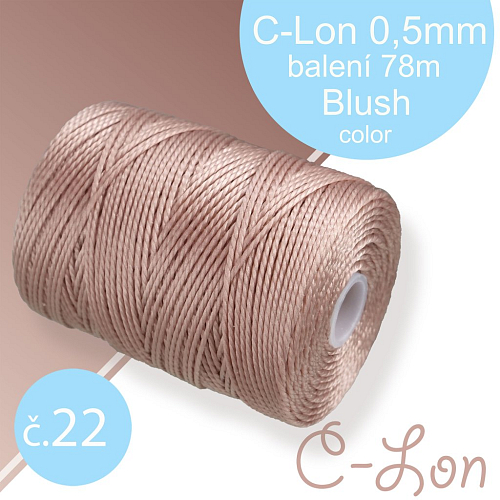 Nylonová nit C-Lon pevná korálková nit. Barva 22 Blush. Síla nitě 0,5mm. Balení 78m na cívce.