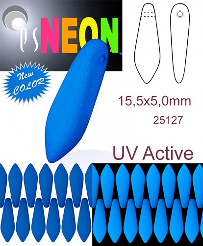 Korálky JAZÝČKY NEON (UV Active) velikost 15x5mm barva 25127 MODRÁ SVĚTLÁ. Balení 15Ks. NEW COLOR.
