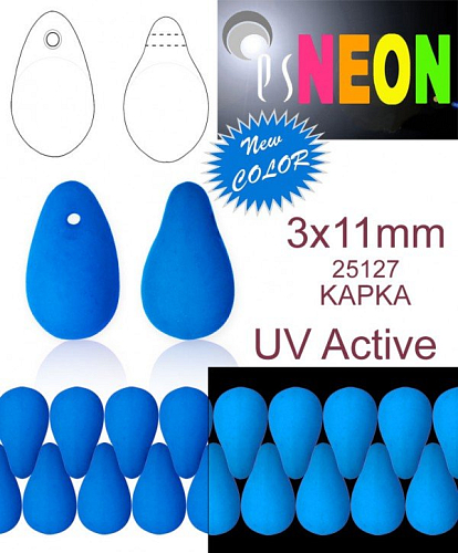 Korálky NEON (UV Active) KAPKA velikost 3x11mm barva 25127 MODRÁ SVĚTLÁ. Balení 30Ks. 