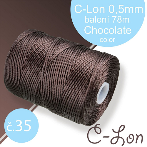 Nylonová nit C-Lon pevná korálková nit. Barva 35 Chocolate. Síla nitě 0,5mm. Balení 78m na cívce.