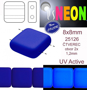 Korálky čtverec 2 otvory NEON (UV Active) velikost 8x8mm barva 25126 modrá tmavá. Balení 15Ks.