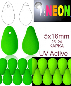 Korálky NEON (UV Active) KAPKA velikost 5x16mm barva 25124 ZELENÁ. Balení 20Ks. 
