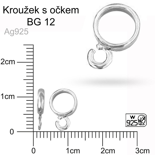 Kroužek s očkem  ozn.BG 12  Velikost pr. 8,0mm otvor 6,0mm. Materiál Stříbro Ag 925.váha 0,35 g.