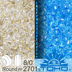 Korálky TOHO tvar ROUND (kulaté). Velikost 8/0. Barva č.PF2701S-Glow In The Dark - Silver Line Crystal/Blue Splash . Balení 10g