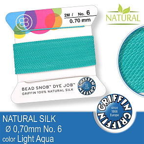 Hedvábná nit s jehlou GRIFFIN síla nitě 0,7mm No.6 délka 2m. Barva Light Aqua.